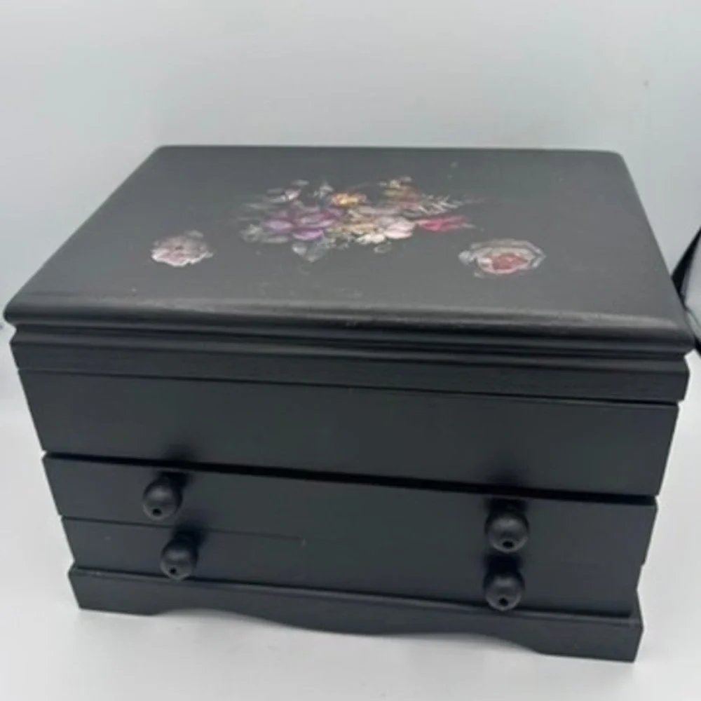 Vintage Wood Jewelry Box Organizer Black Floral Decal Storage Chest Cottagecore